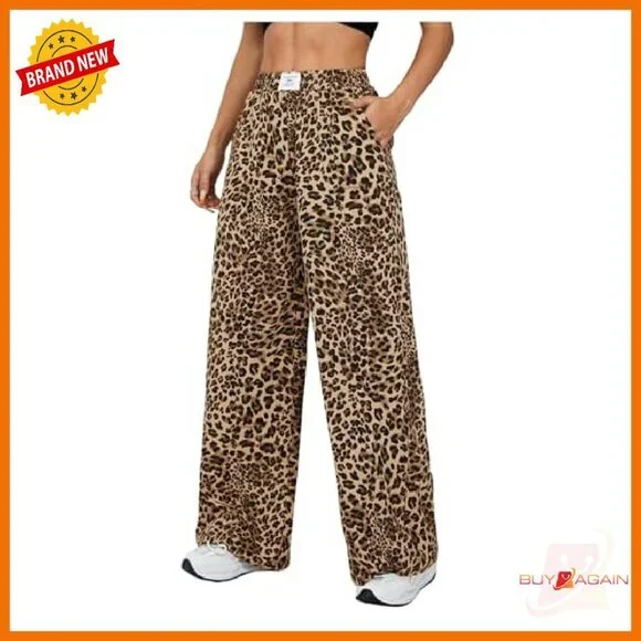 Women's High Waist Wide Leg Pants Elastic Waist Letter Patched Trousers - Picture 2 of 6